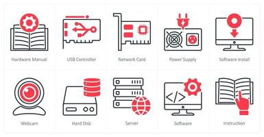 A set of 10 Computer Parts icons as hardware manual, usb controller, network card vector