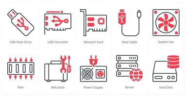 A set of 10 Computer Parts icons as usb flash drive, usb controller, network card vector