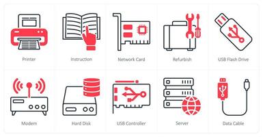 A set of 10 Computer Parts icons as printer, instruction, network card vector