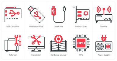 A set of 10 Computer Parts icons as usb controller, usb flash drive, data cable vector