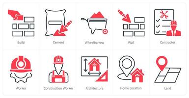 A set of 10 Construction icons as build, cement, wheel barrow vector