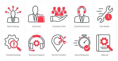 A set of 10 Customer Service icons as multi tasking, customer, customer care, customer service vector