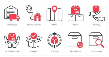 A set of 10 Delivery icons as warehouse, delivery location, maps vector