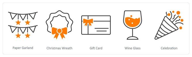 A set of 5 Party and Celebration icons as paper garland, christmas wreath, gift card vector