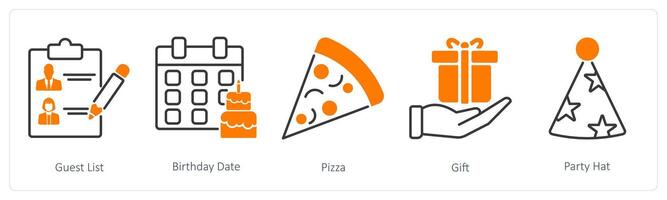 A set of 5 Party and Celebration icons as guest list, birthday date, pizza vector