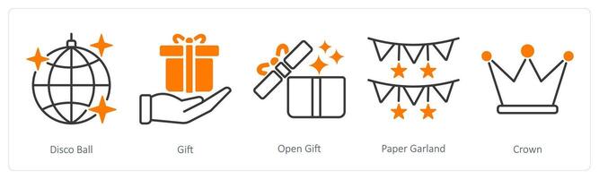 A set of 5 Party and Celebration icons as disco ball, gift, open gift vector