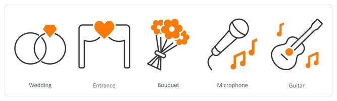 A set of 5 Party and Celebration icons as wedding, entrance, bouquet vector