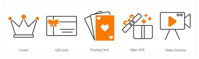 A set of 5 Party and Celebration icons as crown, gift card, playing card vector