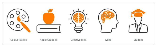 A set of 5 School and Education icons as color palette, apple on book, creative idea vector