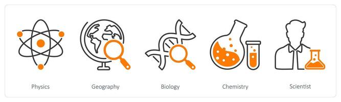A set of 5 School and Education icons as physics, geography, biology vector