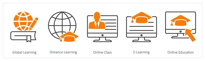 A set of 5 School and Education icons as global learning, distance learning, online class vector