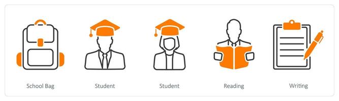 A set of 5 School and Education icons as school bag, student, reading vector