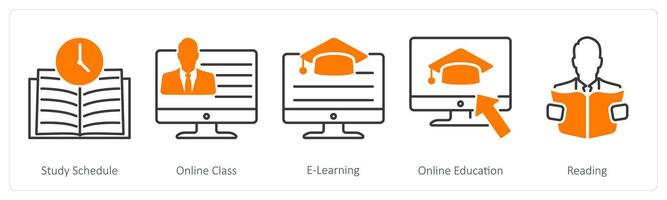 A set of 5 School and Education icons as study schedule, online class, e-learning vector