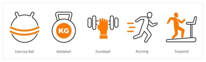 A set of 5 Sports and Fitness icons as exercise ball, kettlebell, dumbell vector