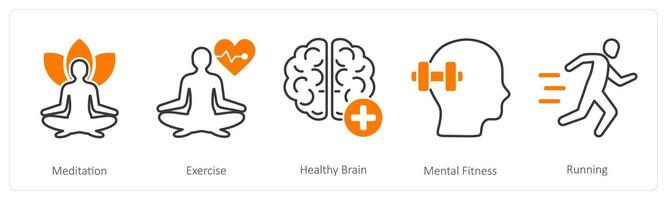 A set of 5 Sports and Fitness icons as meditation, exercise, healthy brain vector