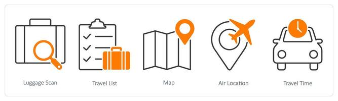 A set of 5 Summer and Travel icons as luggage scan, travel list, map vector