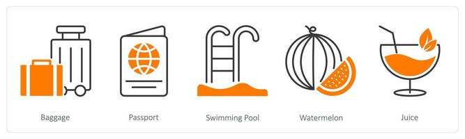 A set of 5 Summer and Travel icons as baggage, passport, swimming pool vector