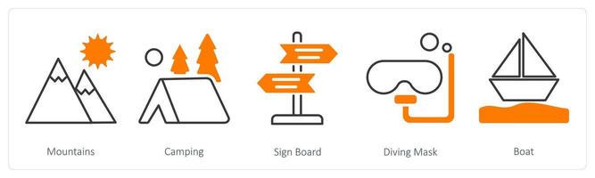 A set of 5 Summer and Travel icons as mountains, camping, sign board vector