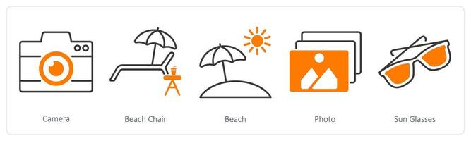 A set of 5 Summer and Travel icons as camera, beach chair, beach vector