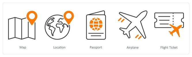 A set of 5 Summer and Travel icons as map, location, passport vector