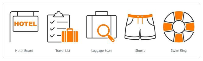 A set of 5 Summer and Travel icons as hotel board, travel list, luggage scan vector