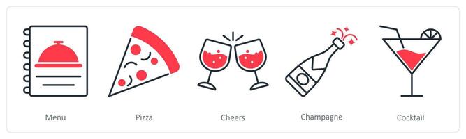 A set of 5 Party and Celebration icons as menu, pizza, cheers vector