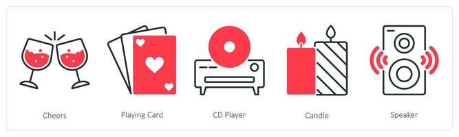 A set of 5 Party and Celebration icons as cheers, playing card, cd player vector