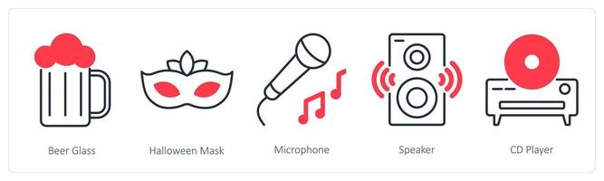 A set of 5 Party and Celebration icons as beer glass, halloween mask, microphone vector