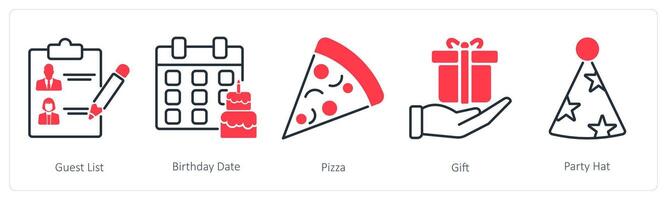 A set of 5 Party and Celebration icons as guest list, birthday date, pizza vector