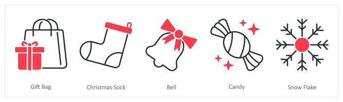 A set of 5 Party and Celebration icons as gift bag, christmas sock, bell vector