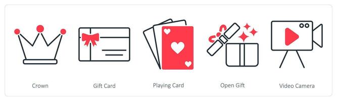 A set of 5 Party and Celebration icons as crown, gift card, playing card vector