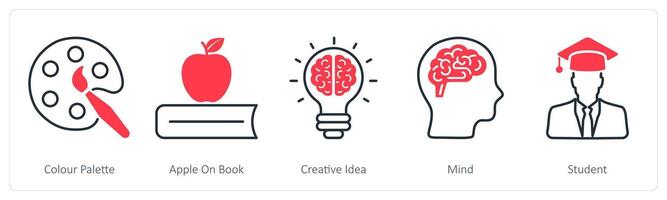 A set of 5 School and Education icons as color palette, apple on book, creative idea vector