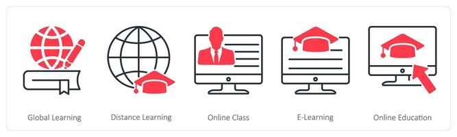 A set of 5 School and Education icons as global learning, distance learning, online class vector