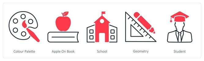 A set of 5 School and Education icons as color palette, apple on book, school vector
