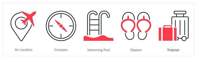 A set of 5 Summer and Travel icons as air location, compass, swimming pool vector