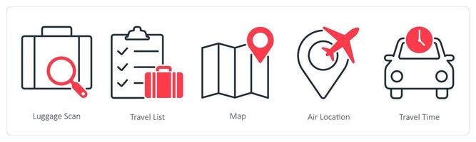 A set of 5 Summer and Travel icons as luggage scan, travel list, map vector