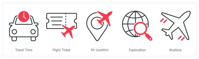 A set of 5 Summer and Travel icons as travel time, flight ticket, air location vector