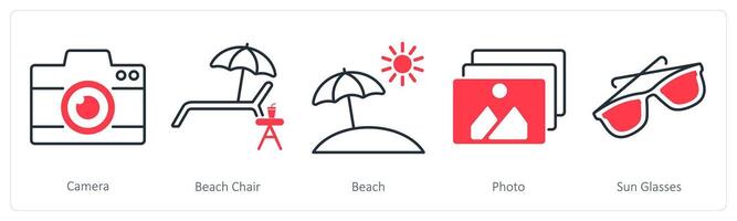 A set of 5 Summer and Travel icons as camera, beach chair, beach vector