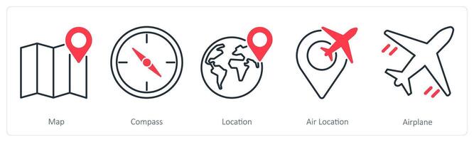 A set of 5 Summer and Travel icons as map, compass, location vector
