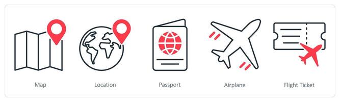 A set of 5 Summer and Travel icons as map, location, passport vector