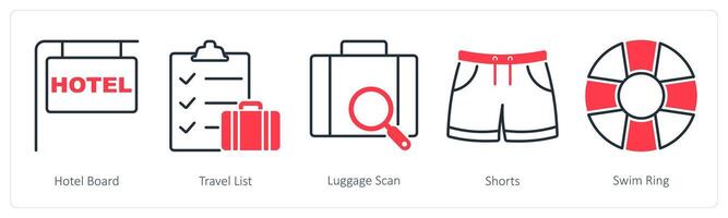 A set of 5 Summer and Travel icons as hotel board, travel list, luggage scan vector