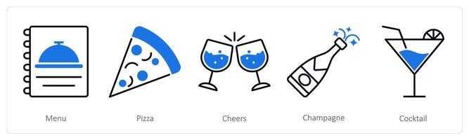A set of 5 Party and Celebration icons as menu, pizza, cheers vector