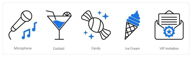 A set of 5 Party and Celebration icons as microphone, cocktail, candy vector