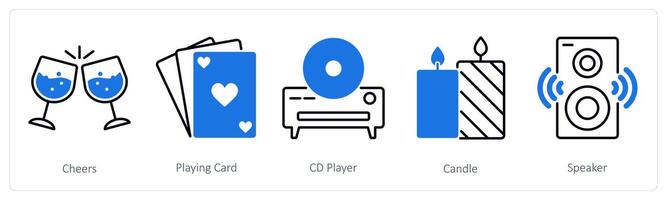 A set of 5 Party and Celebration icons as cheers, playing card, cd player vector
