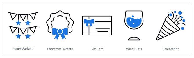 A set of 5 Party and Celebration icons as paper garland, christmas wreath, gift card vector