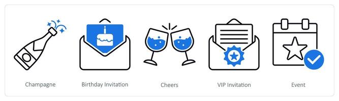A set of 5 Party and Celebration icons as champagne, birthday invitation, cheers vector