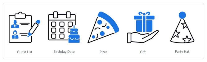 A set of 5 Party and Celebration icons as guest list, birthday date, pizza vector