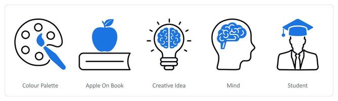 A set of 5 School and Education icons as color palette, apple on book, creative idea vector