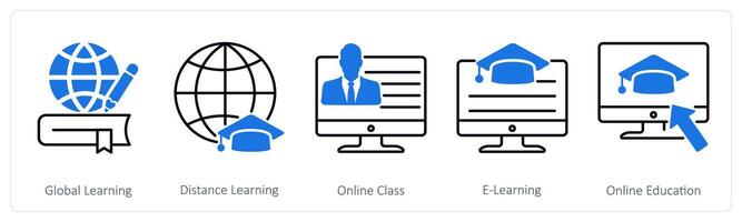 A set of 5 School and Education icons as global learning, distance learning, online class vector