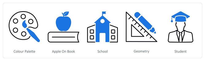 A set of 5 School and Education icons as color palette, apple on book, school vector